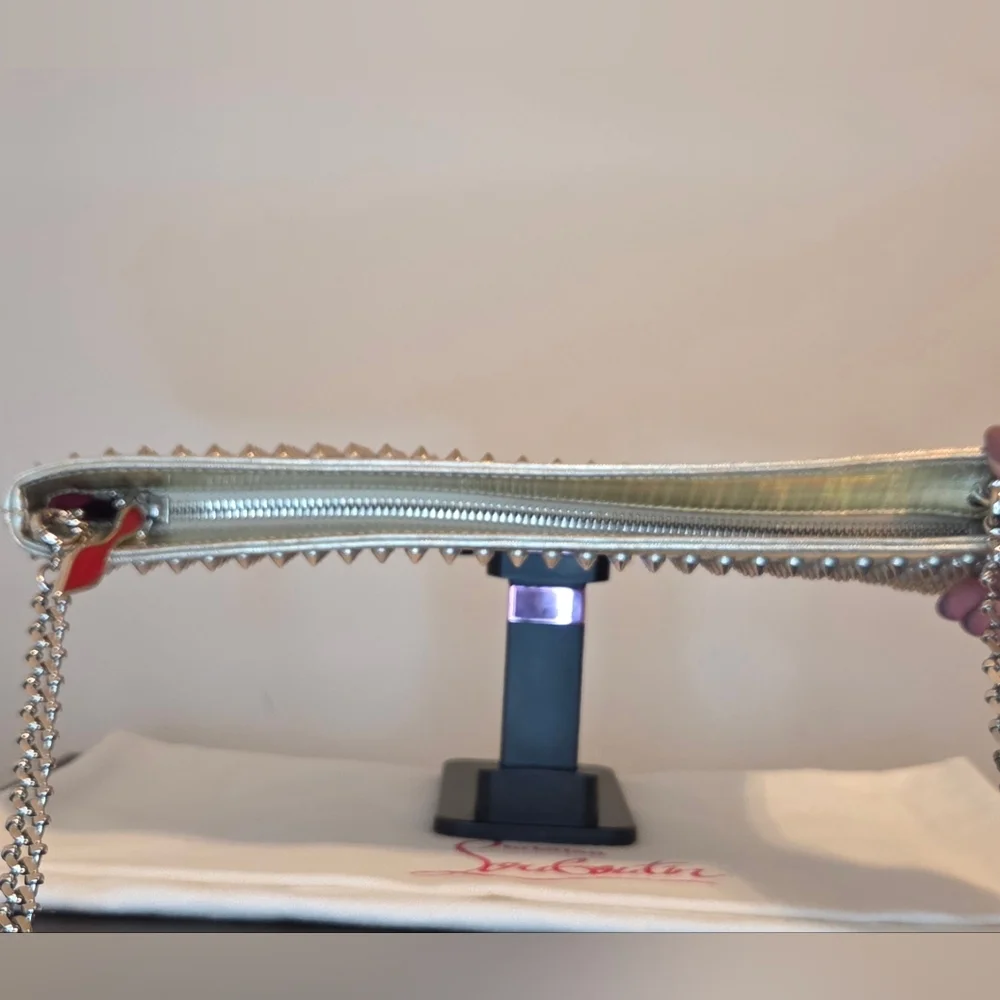 Christian Louboutin Loubiposh Studded Clutch Crossbody Galactic Silver W/COA